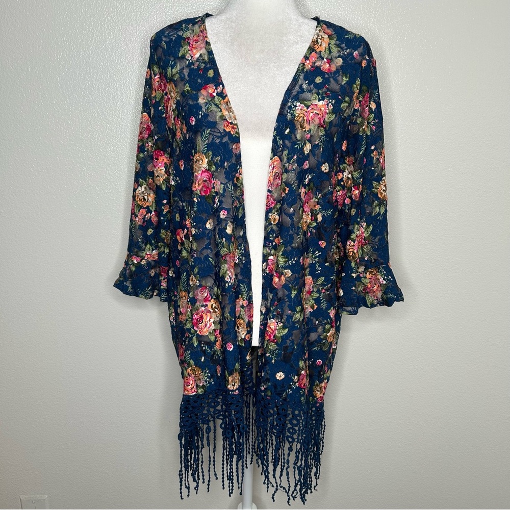 Sweet Rain Womens Blue Floral Sheer Lace Open Front Kimono Fringe Hem Size L EUC